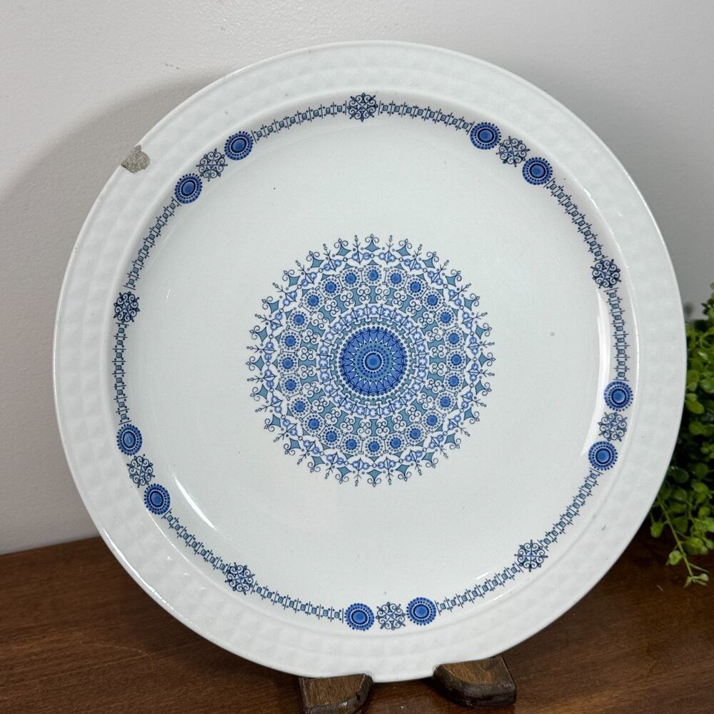 Vintage Pontesa Spain Ironstone Blue Geometric Dinner Plate 10" Rim Chip R79